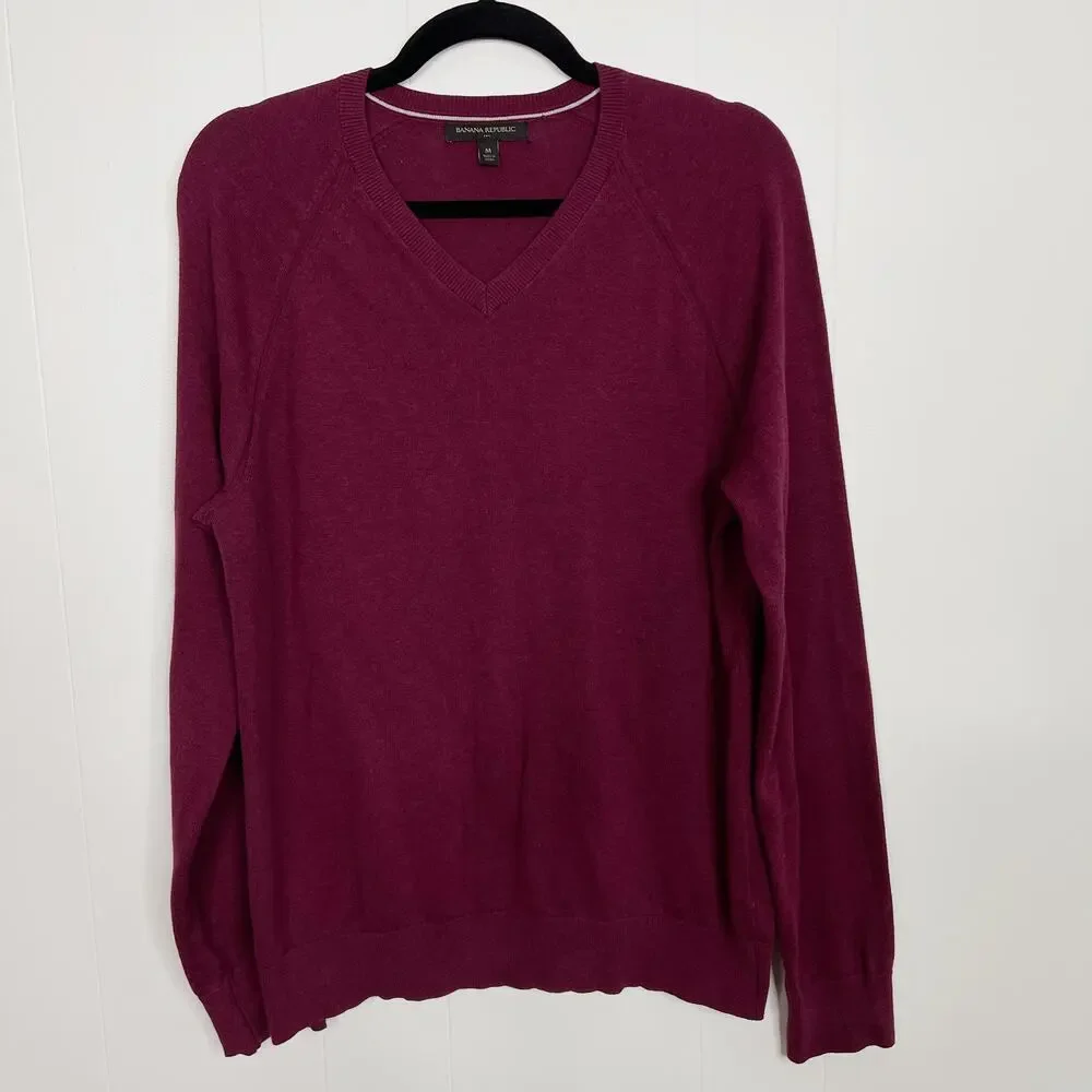Banana Republic Cotton V Neck Lightweight Pullover Sweater Wine Red Medium Mens